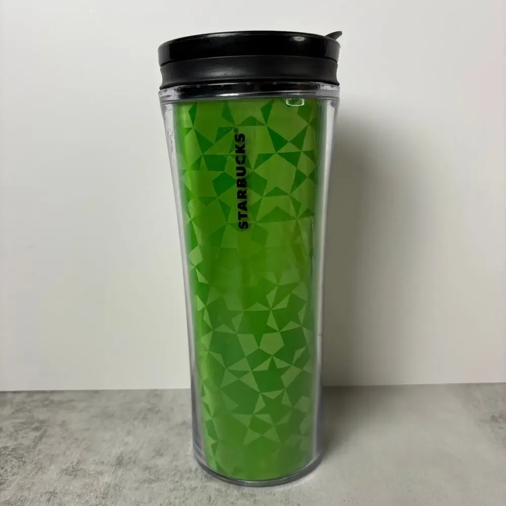 Starbucks 2011 Neon Green Geometric Mosaic Acrylic Travel Tumbler Mug 16oz